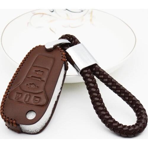 Leather Key Fob Cover Case For Ford Ka 2017 Focus Fiesta Fusion F150 F-150 Mustang Explorer Flip Key Hand Woven Rope Keychain