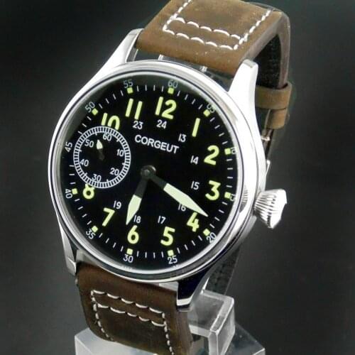 44mm Black dial Corgeut Vintage Hand-winding 6497 Mechanical Mens Watch1905