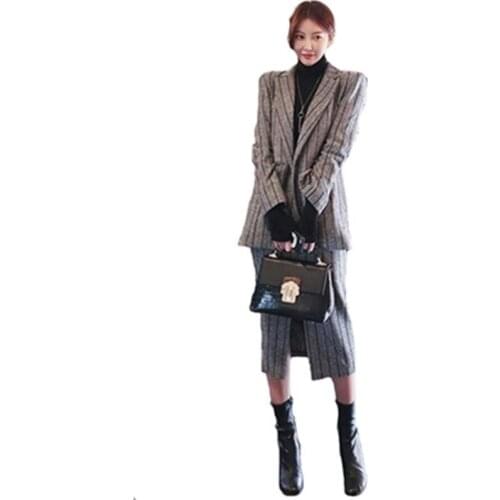 Fashion Striped suit female autumn winter New version of woolen suit suit female professional skirt two-piece suits women