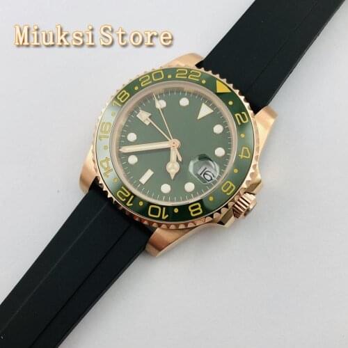 Bliger 40mm mens top GMT mechanical watch rose gold case sapphire glass ceramic bezel date window rubber strap automatic watch