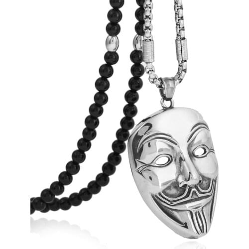 Men Punk Necklace Stainless Steel Mask Pendant Necklace Black Natural Stone Bead Chian 26" Link