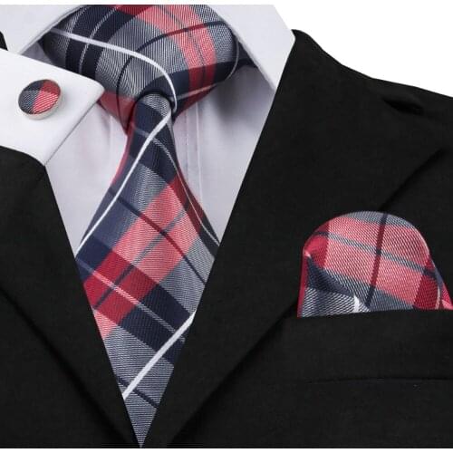 SN-342 Dimgray Red White Plaid Tie Hanky Cufflinks Sets Mens 100% Silk Ties for men Formal Wedding Party Groom