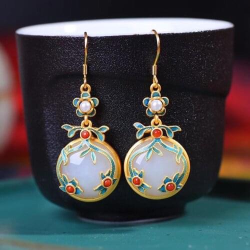 National Style S925 Sterling Silver Inlaid Hetian Jade White Jade round Egg Surface Enamel Earrings Hot Sale Earrings Ear Hook N