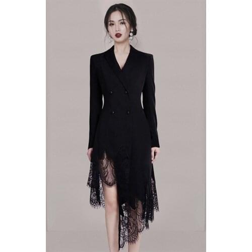2021 New Fashion Autumn Black Slim Long-Sleeved Notched Dress Irregular Lace Dress WomenS Clothing Ol Business Vestidos AA5681
