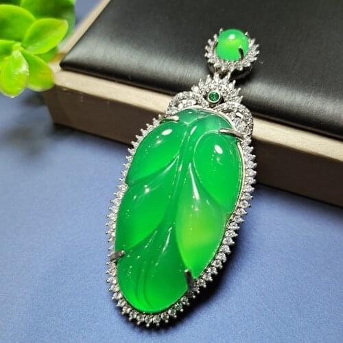 Koraba S925 Silver Inlaid Natural Chalcedony Leaf Pendant Necklace