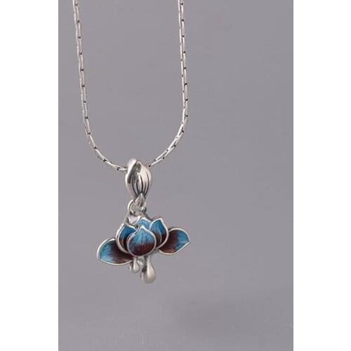 New Silver Enamel Lotus Blue Pendant Necklace clasp original Chinese minority design retro charming womens jewelry