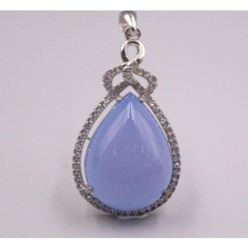 Pure 925 Sterling Silver Pendant 28x14mm Drop-Shaped Chalcedony Bead Charms