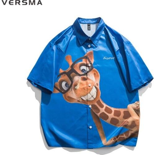 VERSMA Japanese Harajuku Giraffe Print Short Sleeve Shirt Men Women Blouse Summer Oversized Vintage Hawaiian Shirts Dropshipping