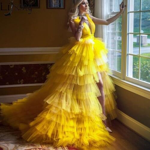 Amazing Yellow Prom Dress Tiered Ruffles Deep V Neck Evening Dress Custom Made Split Floor Length Party Dress