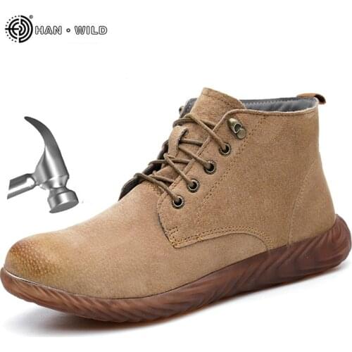 Genuine Leather Safety Work Boots Men Crazy Horse Leather Steel Toe Boot Mens Fashion Desert Popular High Top Work Shoes Male