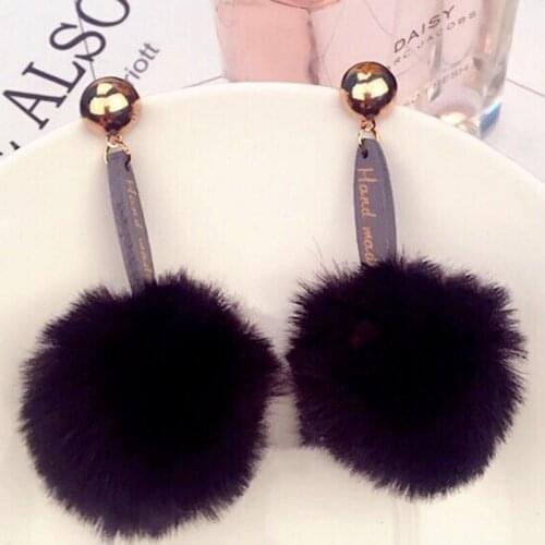 Women Fashion Unique Soft Rabbit Fur Fur Ball PomPom Long Earrings Ear Dangle Jewelry Hair Ball Earring DD1505