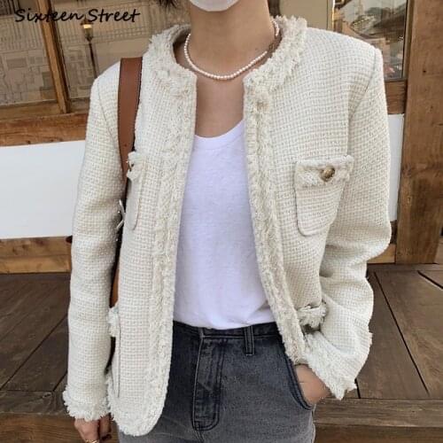 Beige Tweed Jacket Female Autumn 2021 O-neck Vintage Cropped Jacket Winter Golden Button Pocket Business Korean Woman Coat OL