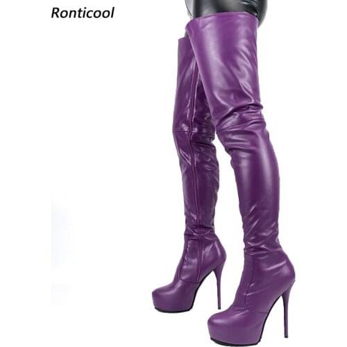 Ronticool Unisex Women Winter Platform Thigh Boots Full Side Zipper Stiletto Heel Round Toe 10 Colors Club Shoes Us Size 5-20