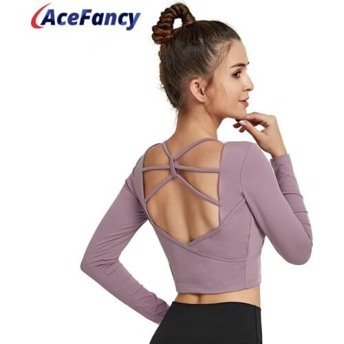 Women Long Sleeve Yoga Shirts Sexy Exposed Navel YJY20-1 Crisscross Backless Long Sleeve For Dance Gym Shirts Padded Activewear