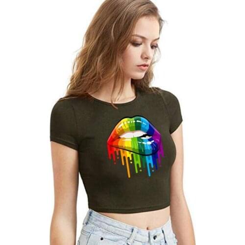 Summer Women T-shirt 2021 New Letters Lips Pattern Fashion Short Sleeve Sexy Slim Short Type Sport Fitness Running Tops Female