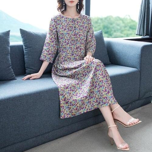 2020 Autumn Dresses Female New Cotton Printed Retro Buckle Plus Loose Half Sleeve Dress Floral Dress Women Long Vestidos K932