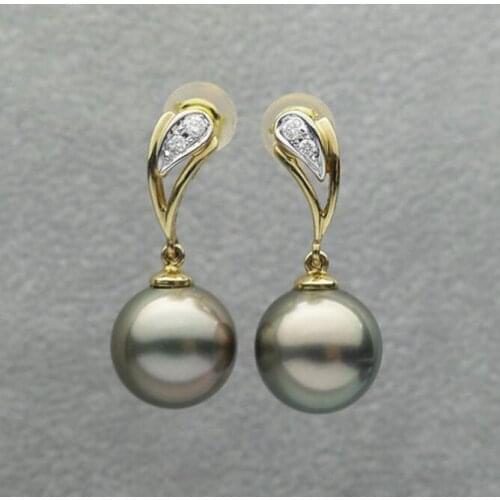 10mm Round Green Real Tahitian Pearl Diamond Drop Earrings 18k Solid Yellow Gold