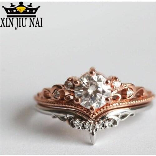 2/PCS Crown Separation Diamond Rings 14k Rose Gold Engagement Crystal Anillos De Rings Diamante Amethyst Bizuteria For Women