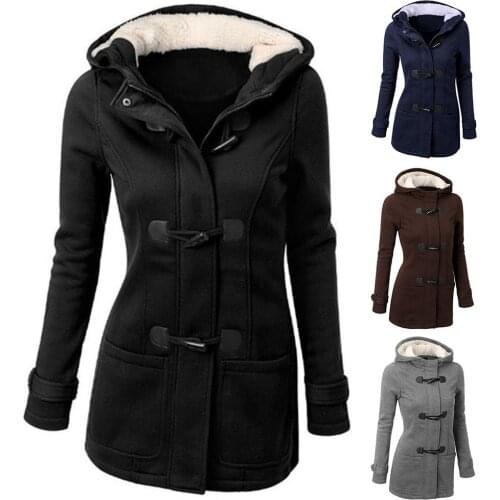2020 Plus Size Winter Fashion Women Solid Color Horn Buckle Hooded Long Sleeve Coat Autumn and winter coat woman overcoat