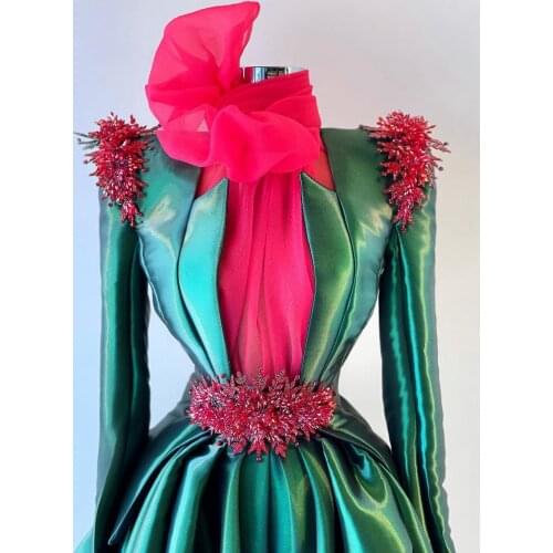 Glitter Ball Gown Women Evening Gowns Arabic Style Long Sleeves Ruffles Plus Size High Neck Crystals Beadings Dresses