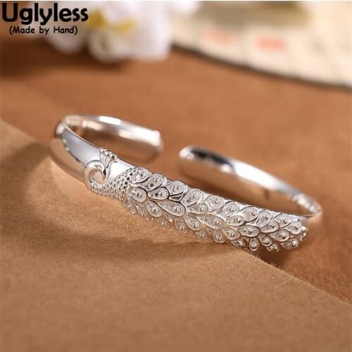 Uglyless Delicate Handmade Peacock Bangles for Women 10MM Wide Solid 999 Full Silver Animals Phoenix Open Bangles Glossy Silver