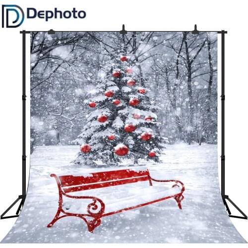 Dephoto Backdrop for Photographic Studio Cartoon Winter Park Red Bench Snow Christmas Forest Background Photocall Photobooth