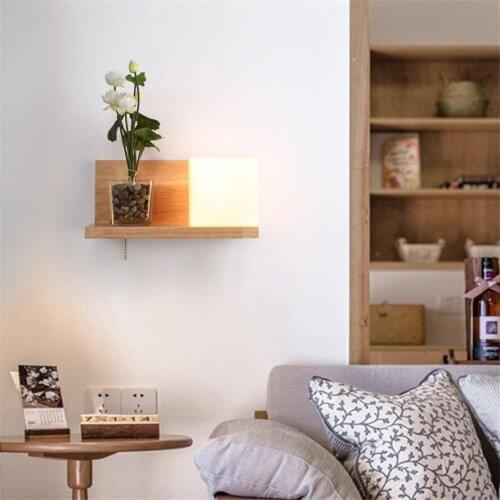 Japanese style wood Shelf glass Cube led wall lamp with Pull switch loft bedroom bedside light hall corridor bathroom luminaire