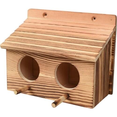 Solid Wood Bird House Natural Vine Wooden Bird Nesting Cage Wall Mounted Hut Outdoor Wild Bird Shelter With Two Holes