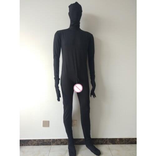 Black Spandex jumpsuit Mens Unitard Catsuit with Penis sheath can removable mask and hands