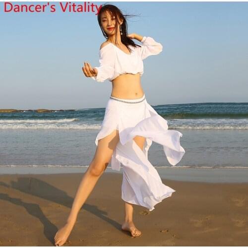 New Belly Dance Practice Clothes Yarn Puff Sleeve Top Sexy Split Skirt Set Oriental Indian Dancing Performance Training Outfits