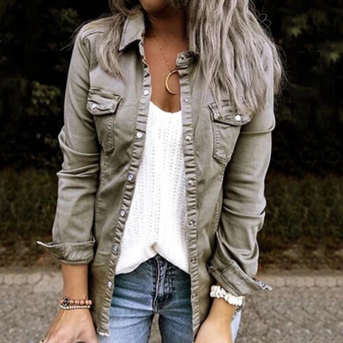 2XL Women Single Breasted Button Denim Jacket Coat Spring Turn-down Collar Office Top Cardigan Autumn Long Sleeve Pocket Outwear