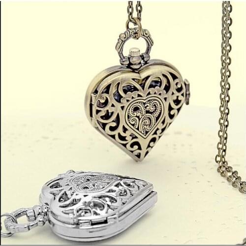 Fashion Silver Bronze Heart Shape Long Necklace Pendant Women Girl Vintage Quartz Pocket Watch Hollow Steampunk Lovers Gift