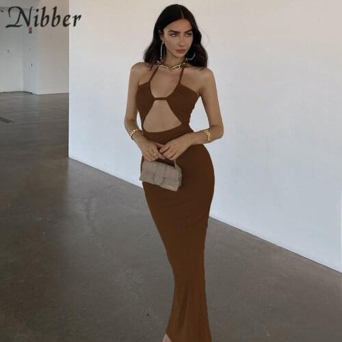 Nibber Solid Vintage Maxi Dress Bodycon Halter Bandage Cleavage Hollow Out Clothes Hipster Sexy Midnight Party Streetwear Hot