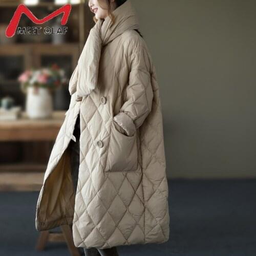New 2021 Winter Women 90% White Duck Down Coat Single Breasted Loose Warm Parkas Detachable Bib Collar Down Long Jacket Snowear