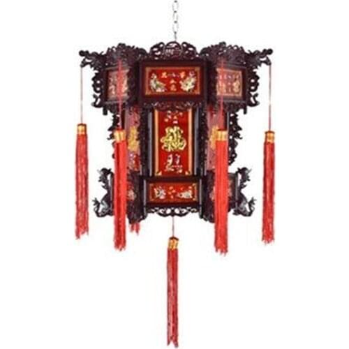 Wooden revolving horse palace lamp Chinese style antique wood carving Red Palace hexagonal revolving LED lantern hotel
