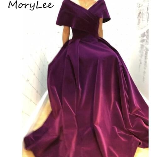 Vevelt Prom Dresses 2021 Purple V-Neck A-Line Floor Length Velour Prom Dresses With Zipper Back vestidos de fiesta de noche