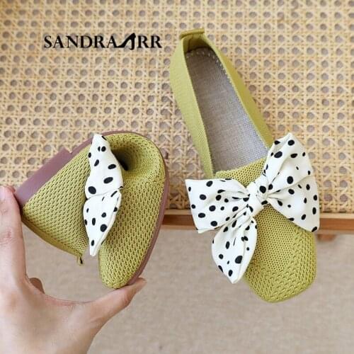 SANDRA JRR Knitted Loafers Women Flat Heel Square Toe Bowknot Ballet Flat Plus Size Casual Shoes Female Walking Sneakers