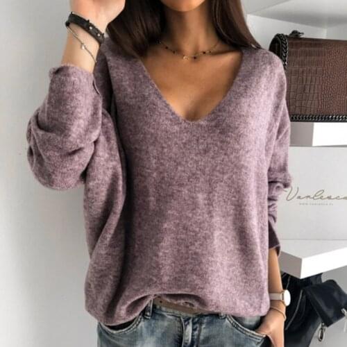 Hot Sale Women Autumn Winter Solid Color Long Sleeved V Collar Sweater Loose Bottom Sweet Sweater Knit Sweater New