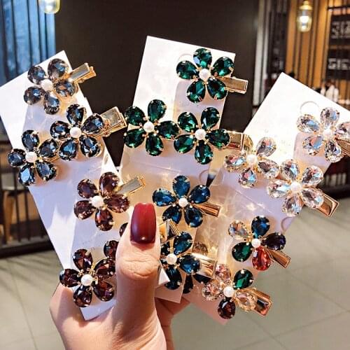 2pcs/set Women Luxury Shining Crystal Flower Alloy Hairpins Sweet Hair Clips Barrettes Headband Fashion Hair Accessories