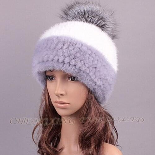 CX-C-221F Knitting Real Mink Fur Ladies Fashion Hats With Fox Fur Ball