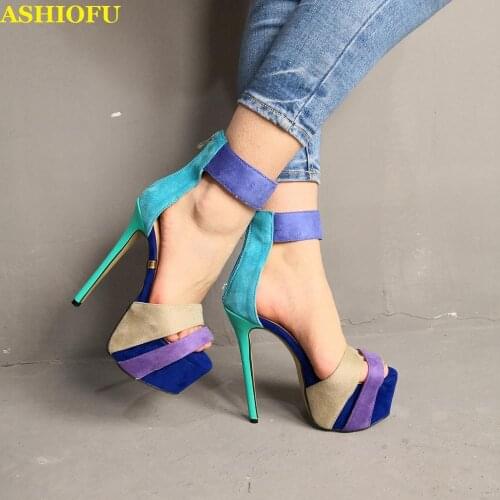 ASHIOFU New Handamde Womens High Heel Sandals Patchwork Faux-suede Party Prom Shoes Sexy Club Platform Evening Fashion Sandals