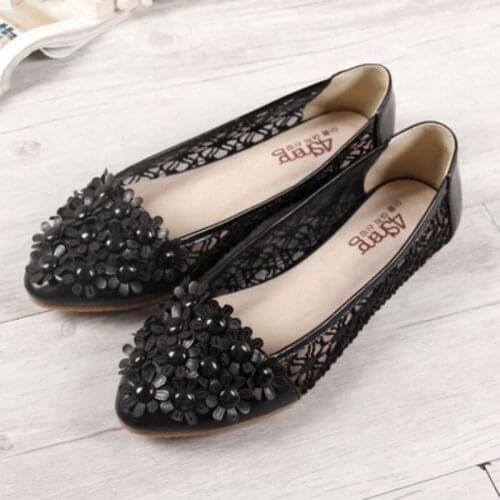 Femininos Summer Shoes In Flowered Mesh Breathable Ballet Flats Sweet Style Pointy Toe Slip-ons Comfortable Pink Black Laces 44