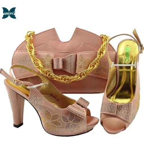 New Arrival Peach Color African Women Matching Italian design High Heel Ladies High Quality Shoes and Bag Set for Party