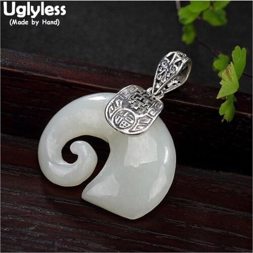 Uglyless 100% Real Solid 925 Sterling Silver Handmade Hollow FU Pendants for Women Natural Jade Elephants Necklaces no Chains