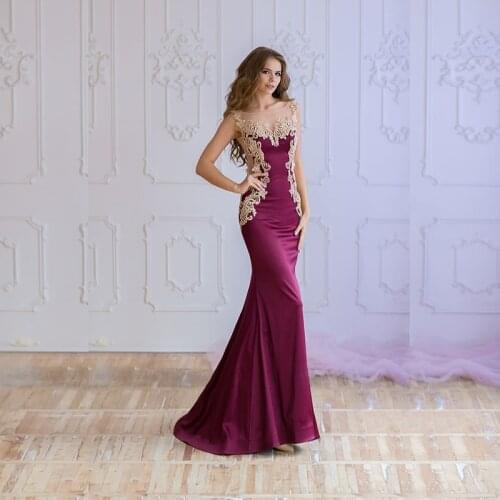 Hot Sale Elegant Mermaid Fuchsia Prom Party Dresses Long Sleeveless Illusion Boat Neck Wedding Guest Gowns Back Out Appliqued