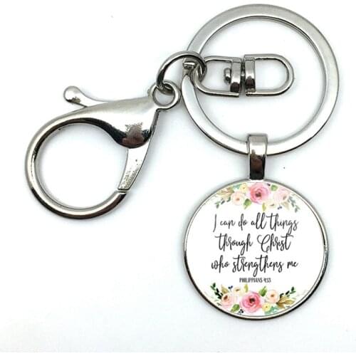 2018/Fashion Hot Style Philippian Book 4:13 I Can Pass Through Christ Scripture Scripture Floral Pattern Glass Pendant Keychain