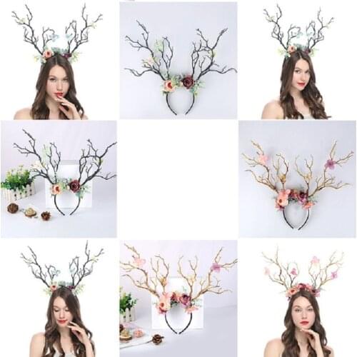 5pcs Women Girls Christmas Fairy Tale Flower Headband Retro Tree Branch Deer Ears Antler Hair Hoop Crown Festival Party Props
