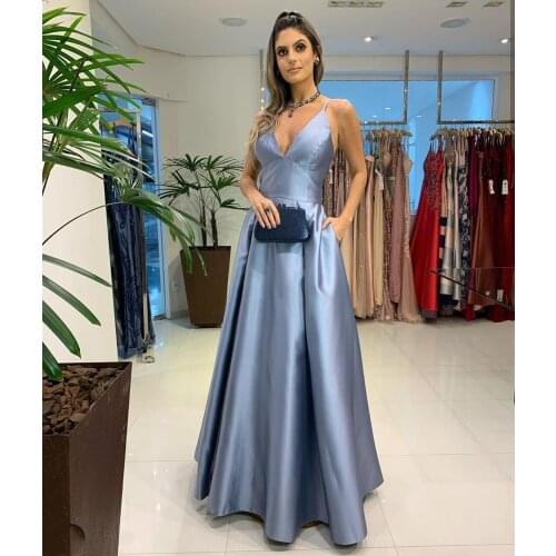Satin Evening Dress 2021 A-Line Blue Backless Spaghetti Strap Elegant Women Formal Party Gown Pocket Court Train Custom Made