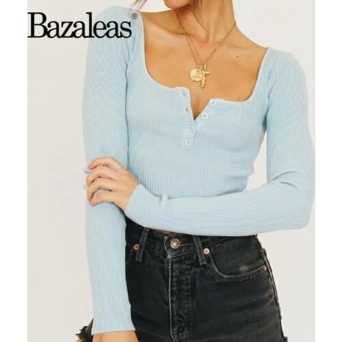 Bazaleas France Square Collar pull femme Casual Blue Butons Knitted Tops Long Sleeve Sweaters Chic Women Sweater