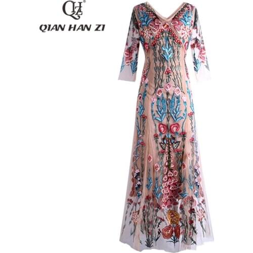 Qian Han Zi 2020 Summer Fashion Runway Maxi Dress Womens 3/4 Sleeve V-neck Elegant Mesh Gorgeous Embroidered Party Long Dress